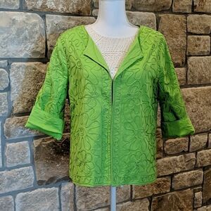 Joni B Zip Jacket Size Large Green Ribbon Detail Elbow Sleeve